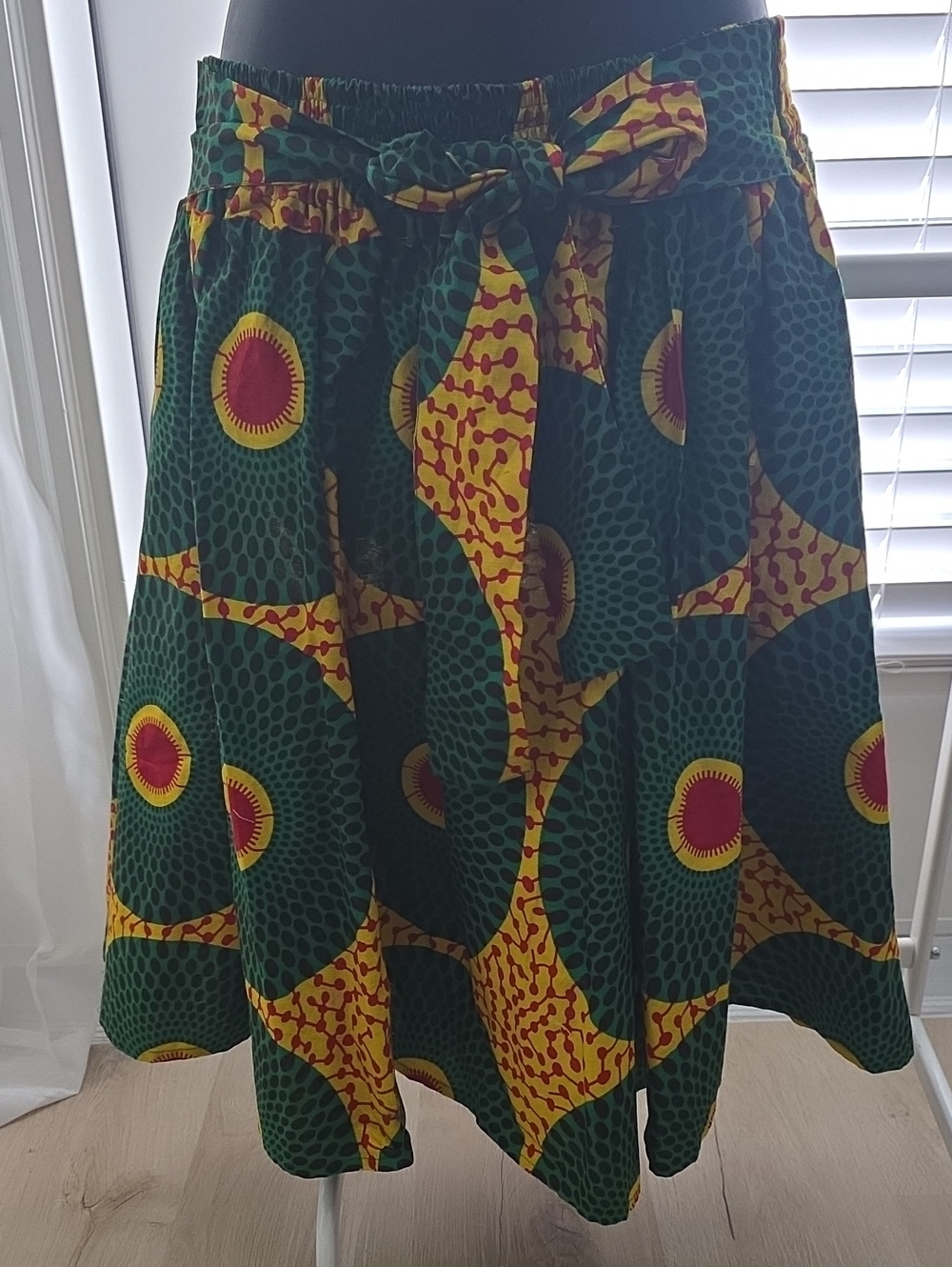 Ankara African Print Patterned A-Line Midi Skirt with Tie Waist
